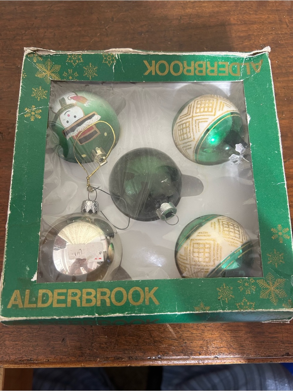 Vintage Glass Green and Gold Holiday Ornament Set of 5